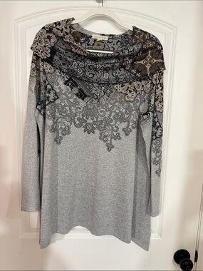 CACTUS & PEARL Gray Lace-Print Long Sleeve Tunic